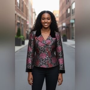 VTG Neiman Marcus Floral Black, Pink and Gray Blazer w/ velvet lapels.
